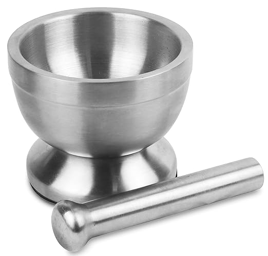 9-ounce stainless steel mortar and pestle with lid.