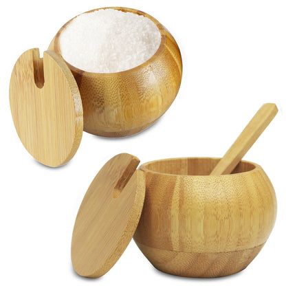 Set of 2 bamboo salt cellars with spoons, 4.2 oz each.