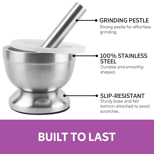 9-ounce stainless steel mortar and pestle with lid.