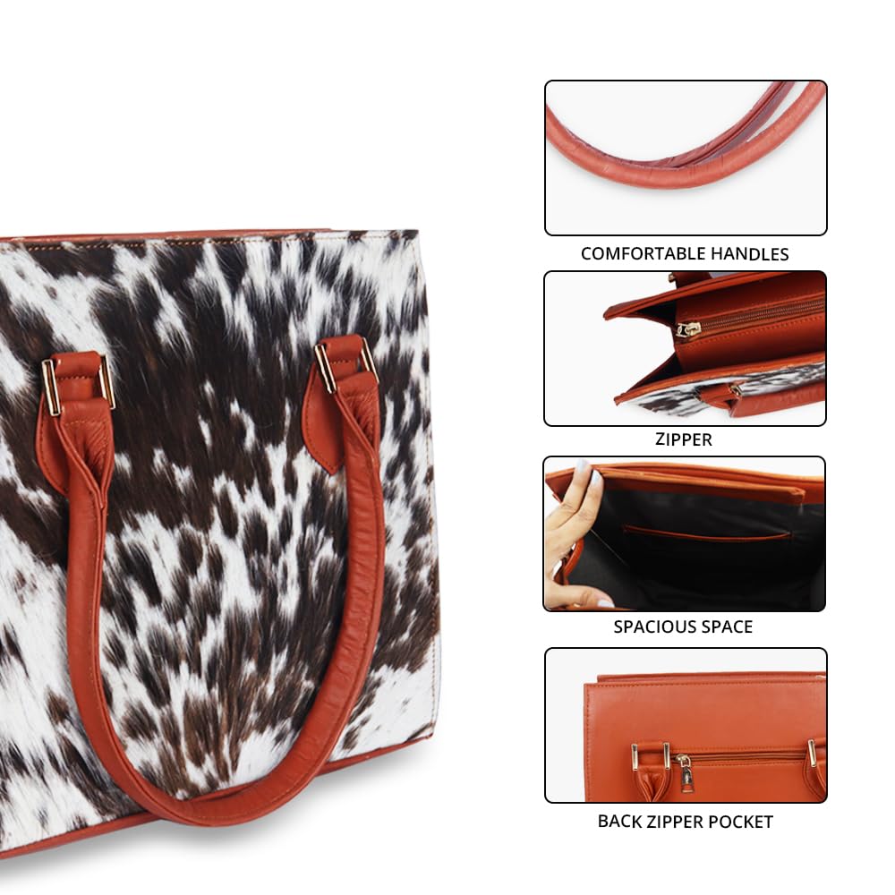 Cow print top handle handbag for women in premium quality.