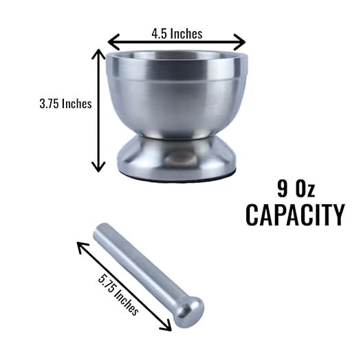 9-ounce stainless steel mortar and pestle with lid.